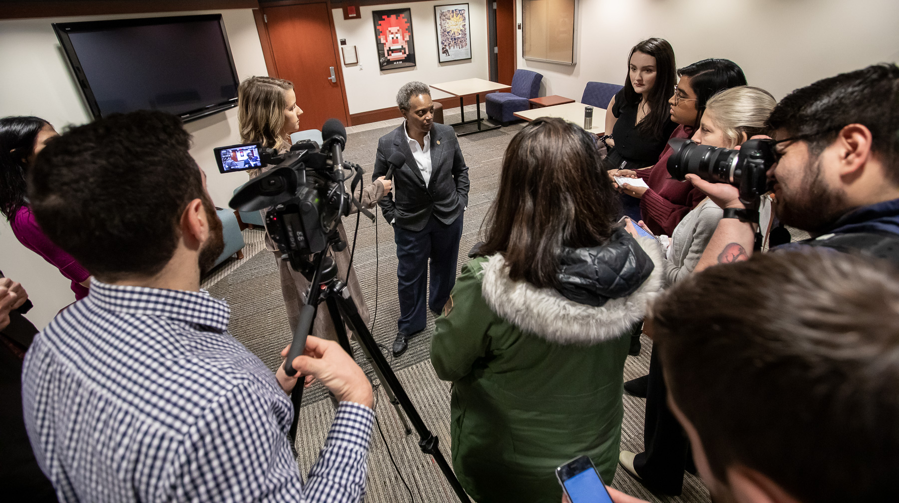 After the candid conversation, Lightfoot was interviewed by journalists from DePaul University student media outlets. (DePaul University/Jeff Carrion)